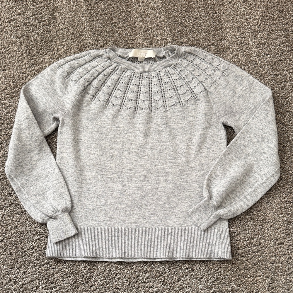 LOFT Light Heather Gray Knit Crewneck Sweater with Textured Yoke